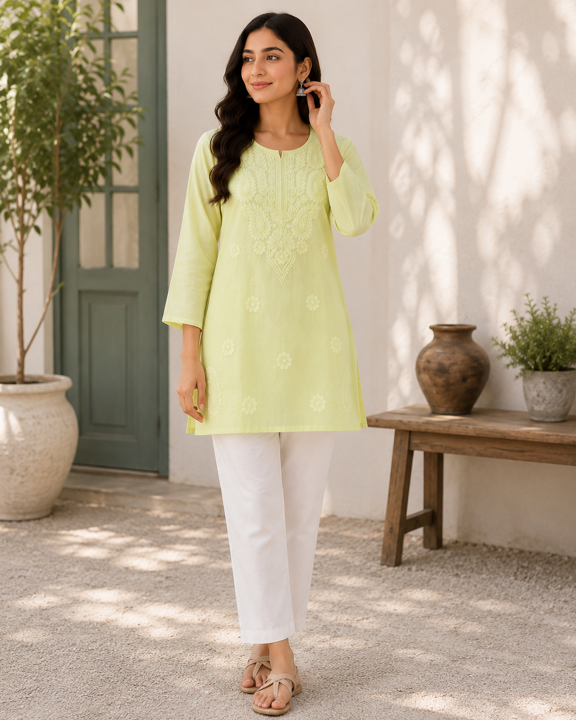 Lime Yellow Embroidered Short Kurti for Women