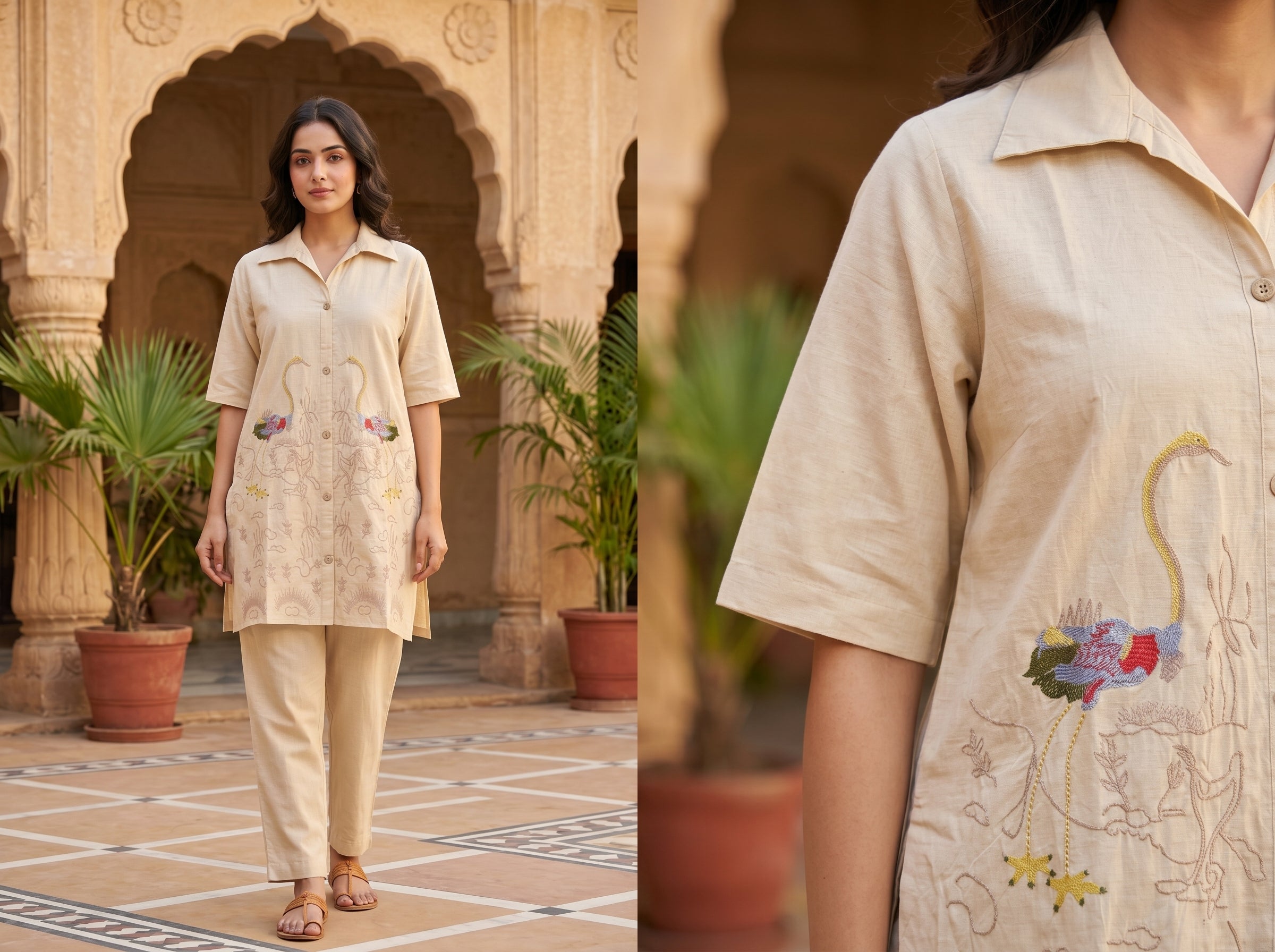 Woman wearing a beige embroidered kurta with a close-up of the garment in an outdoor setting.