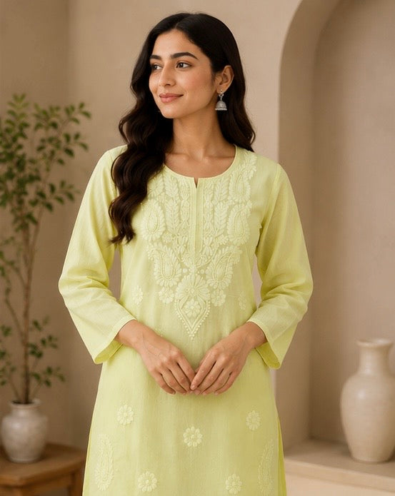 Lime Yellow Embroidered Short Kurti for Women