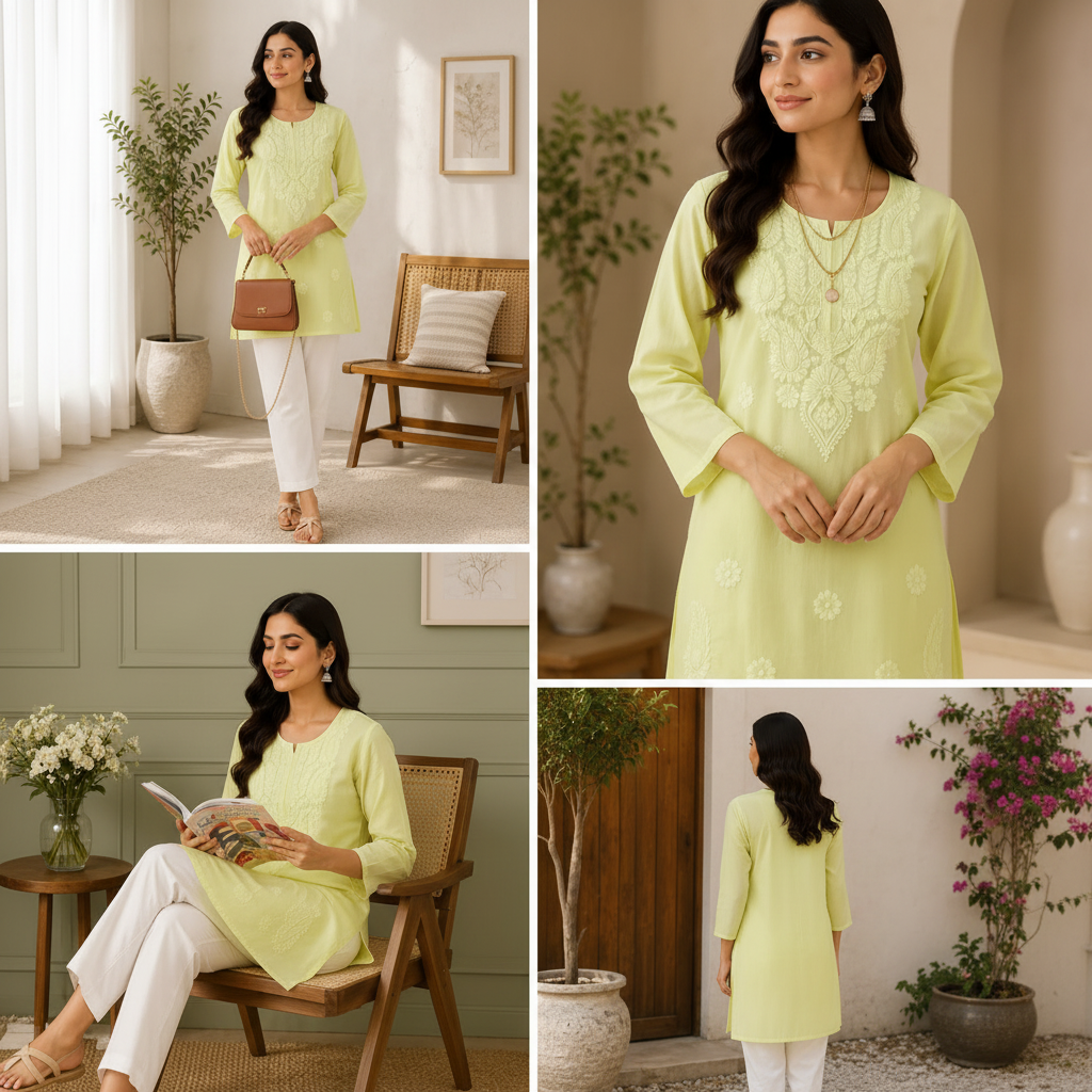 Lime Yellow Embroidered Short Kurti for Women