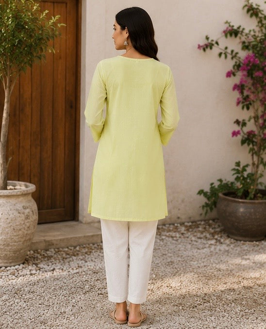 Lime Yellow Embroidered Short Kurti for Women