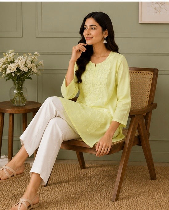 Lime Yellow Embroidered Short Kurti for Women