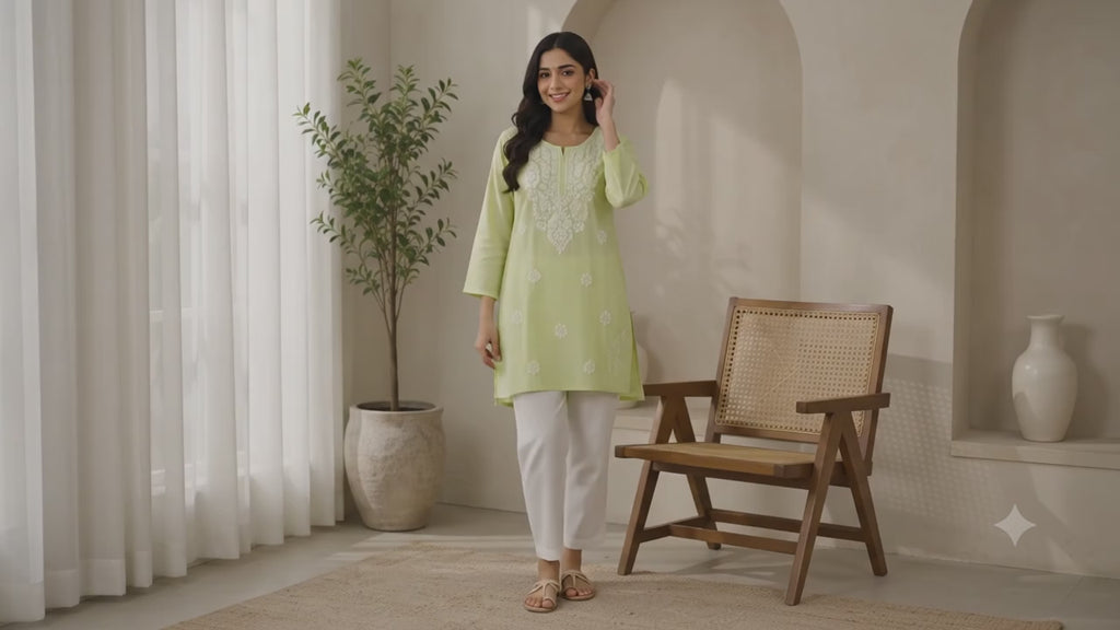 Lime Yellow Embroidered Short Kurti for Women